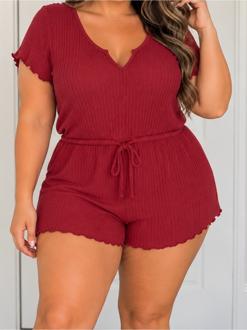 Wine Ribbed Short Sleeve Drawstring Romper